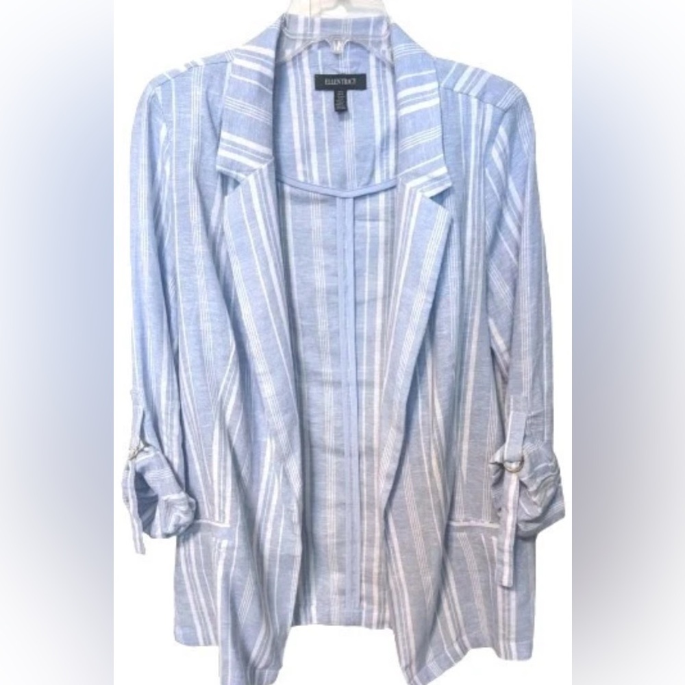 Ellen Tracy Women's Light Blue and White Striped Linen Blend Blazer